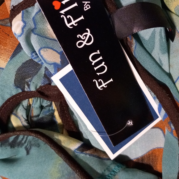 Fun and flirt summer dress M aqua multicolor/ Brown trim NWTS poly open back - Picture 8 of 9